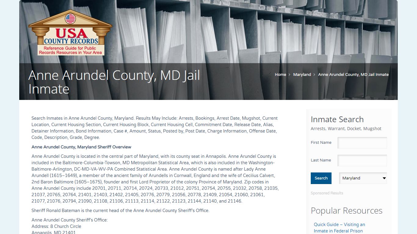 Anne Arundel County, MD Jail Inmate | Name Search